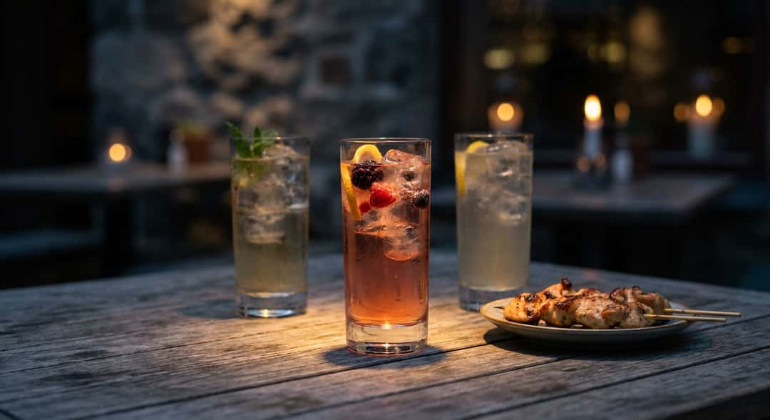 Tre ulike sake-highball-varianter i lange glass med forskjellige farger og garnish, servert på et utendørs trebord med g