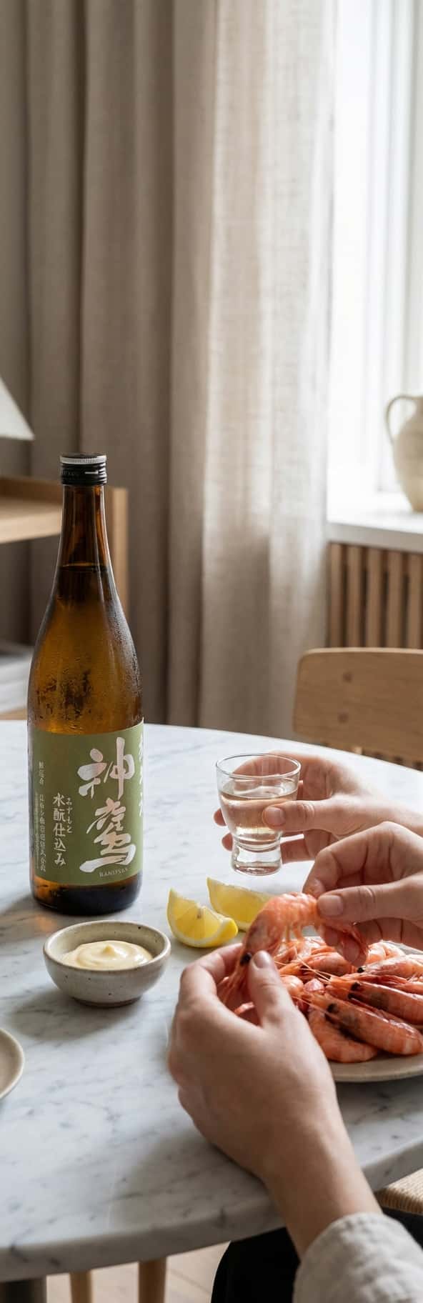 , flaskan fotograferad med färska norska räkor och citron på marmorbord (Eigashima Shuzo Kamitaka Junmai)