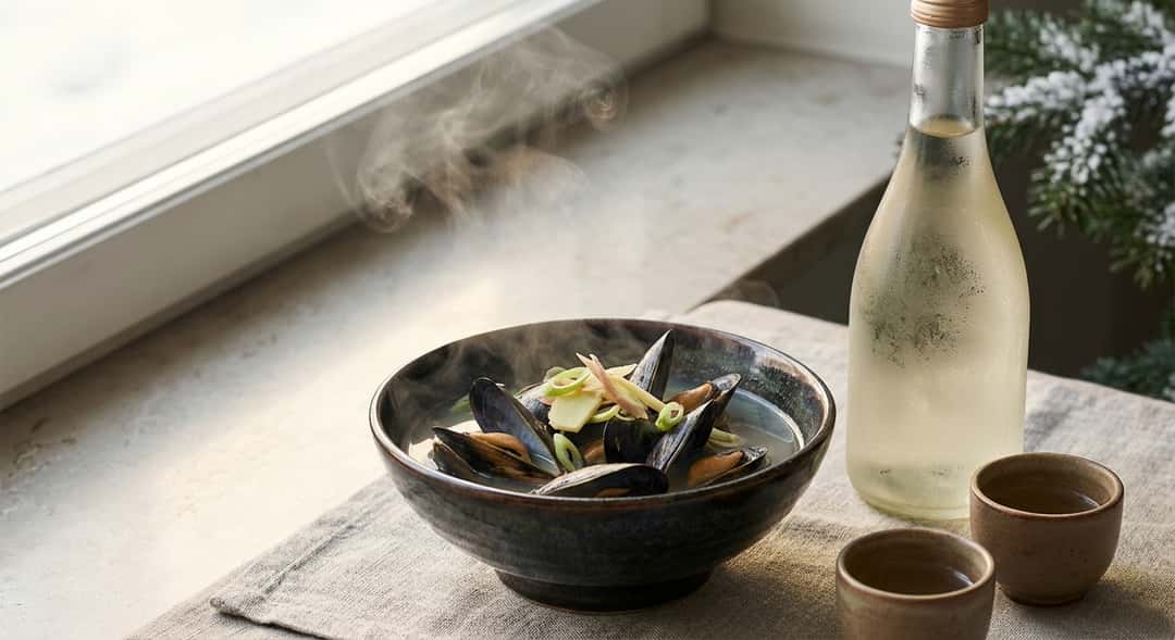 Ångande blåmusslor i japansk keramikskål med sake-karaff och små keramikkopper, ånga synlig i bilden
