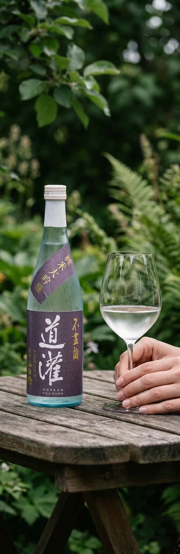 Dokan Daiginjo -pullo valkoviinilasin vieressä, joka on täynnä kirkasta sakea, taustalla norjalainen puutarha vihreällä kasvillisuudella