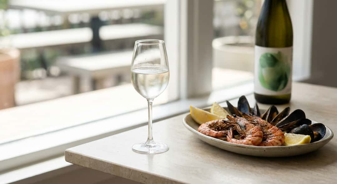 Grillattuja katkarapuja ja äyriäisiä vadilla viileän sake-lasin vieressä, ulkoilmaympäristössä kesävalossa (Ninki Green Junmai Ginjo)
