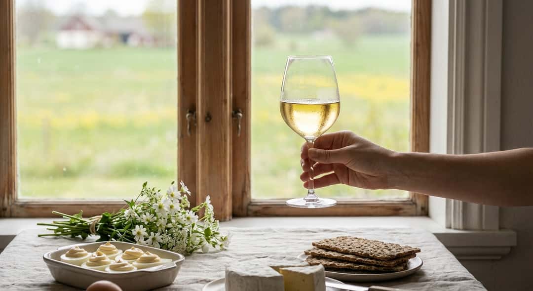 Lasi vaaleaa Soave Classicoa pidettynä ylös suurta ikkunaa vasten, taustalla kevätmaisema keltaisine ja vihreäne väreineen