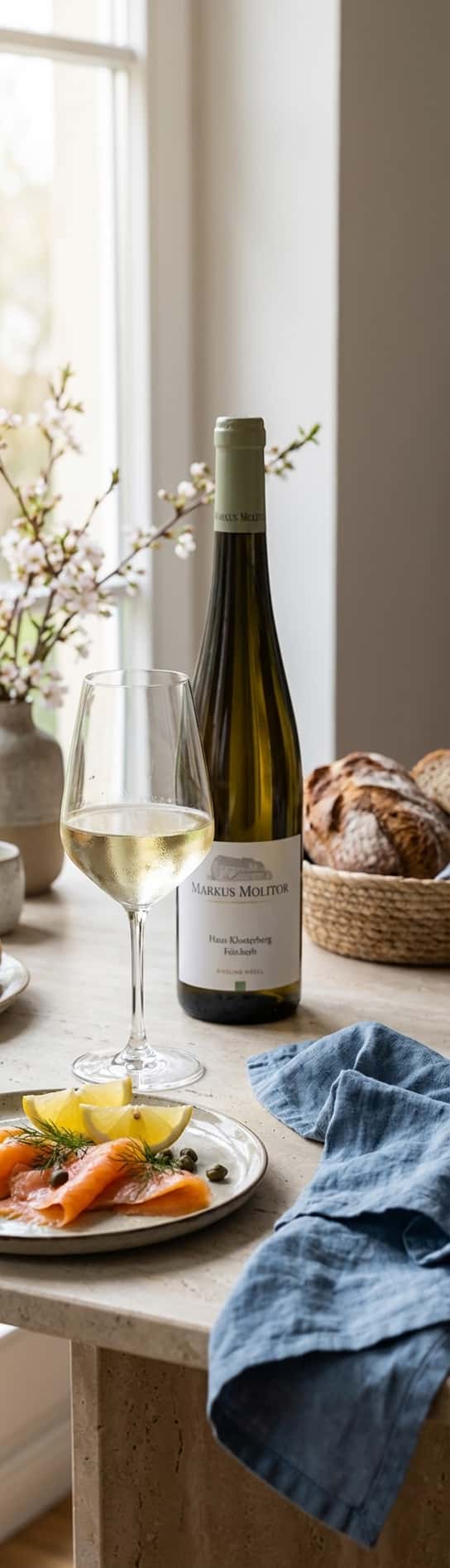 Pullo Markus Molitor Haus Klosterberg Riesling Feinherb 2023 sinisellä pellavaliinalla, lautasella savulohta ja sit
