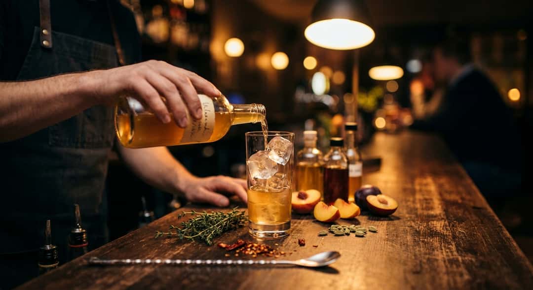 En person som heller shrub fra en glassflaske over is i et highball-glass ved et grillbord utendørs, aftensstemning