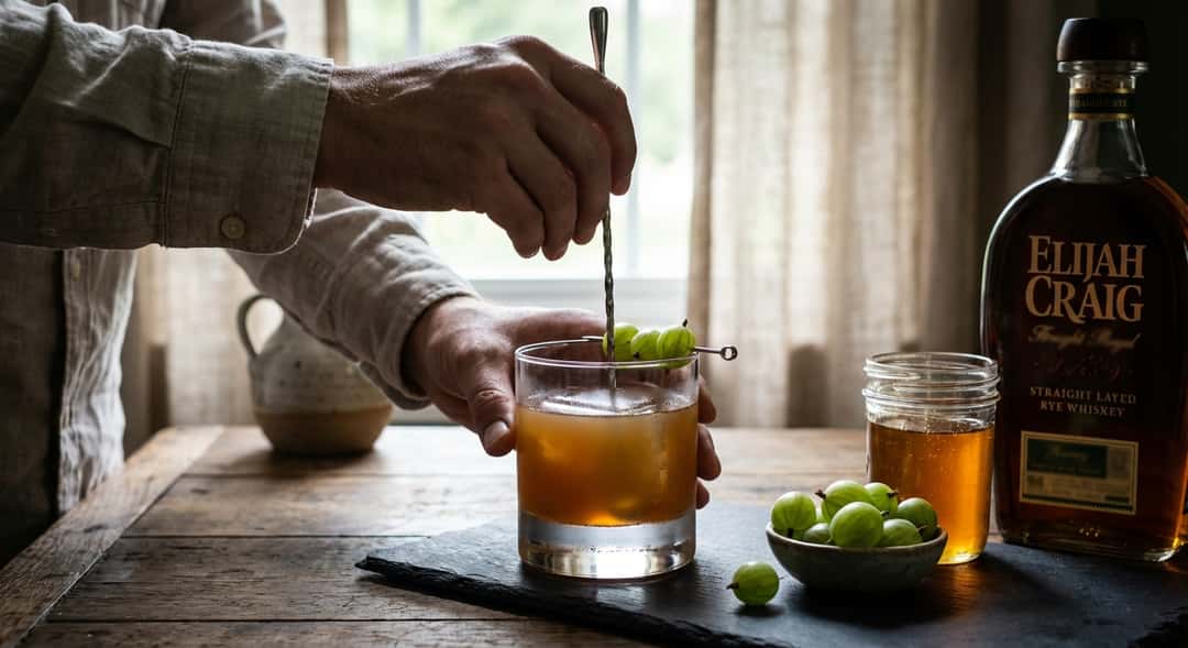 Matala, leveä viskijuomalasi karviainenshrub-cocktaililla, granaatinpunainen ja ambranvärinen, koristeltuna tuoreilla karviaisilla