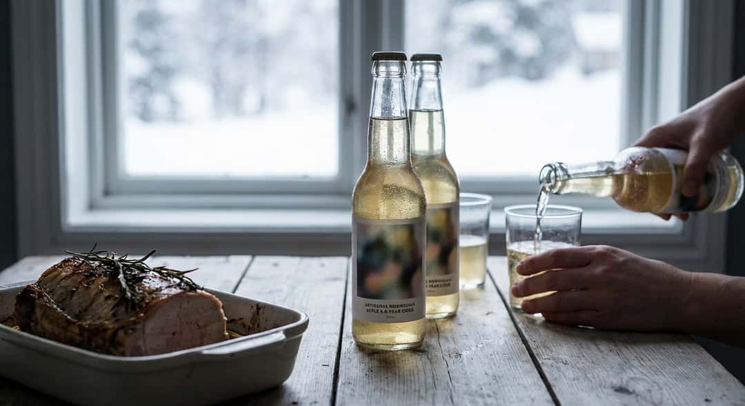 Pulloja norjalaista omenasiideriä ja päärynäsiideriä keittiötasolla uunipossun vieressä, talvinen valaistus