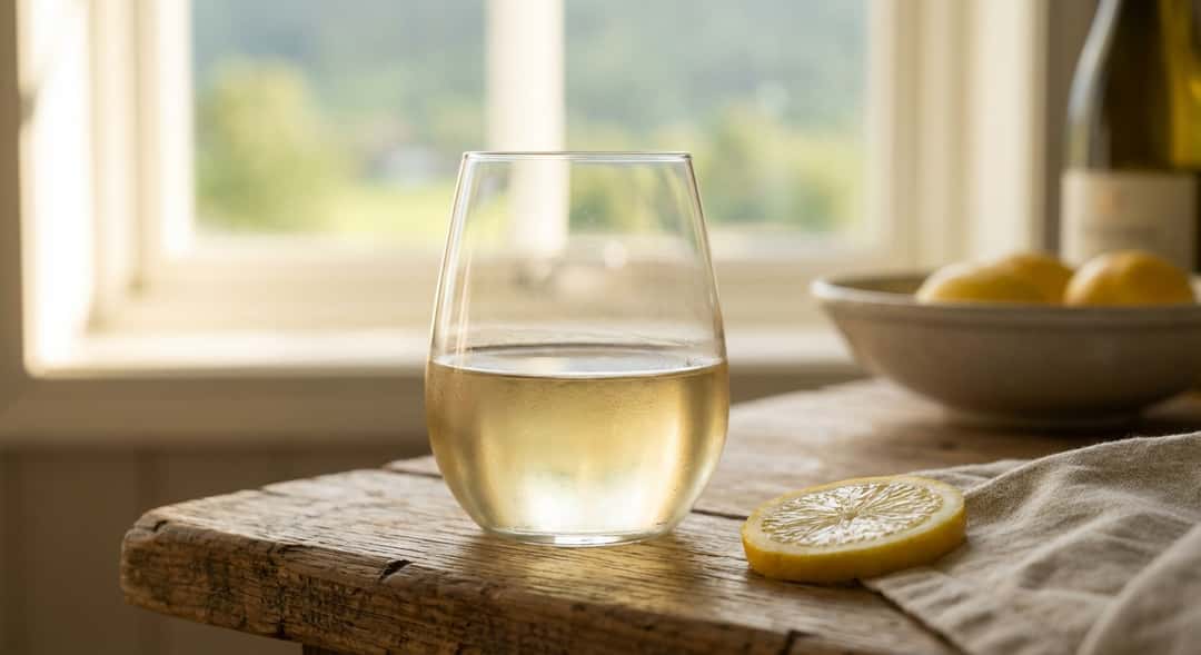 A white wine glass with yellow, clear contents on a rustic wooden cabin table, sunlight from a window in the background, a slice of lemon on the side