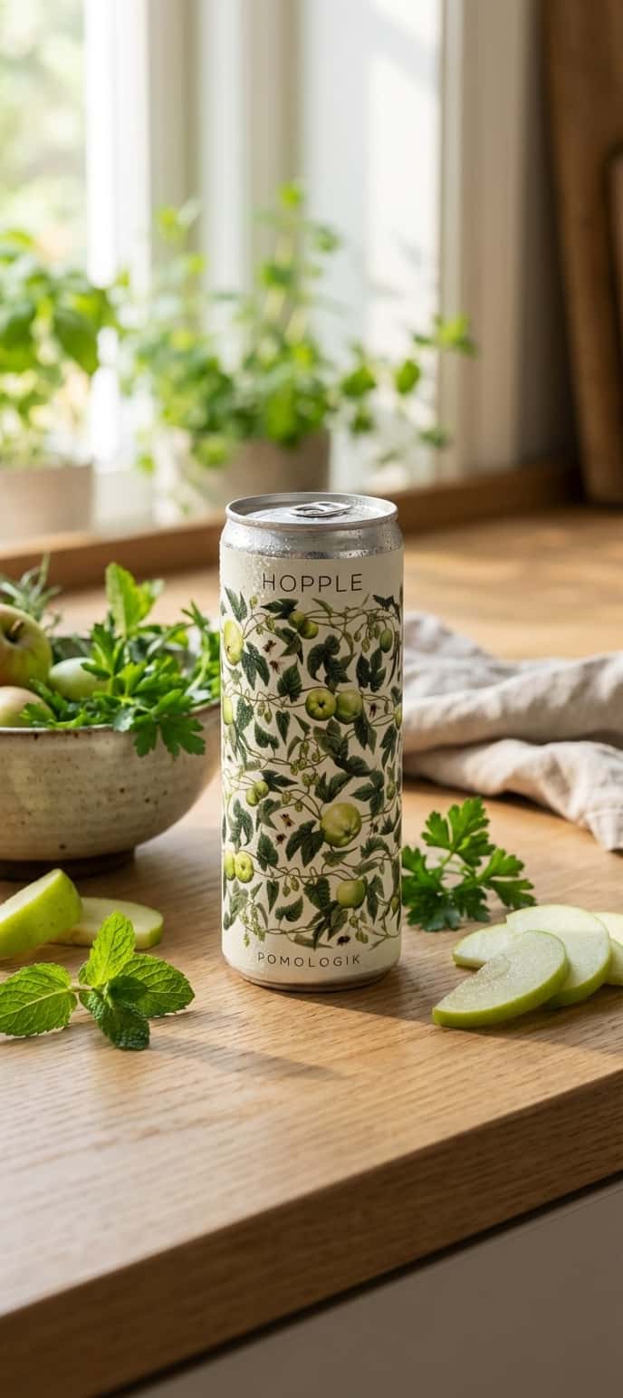 A bottle of Pomologik Hopple Alkoholfri Sider on a kitchen board with slices of green apple and fresh herbs around it