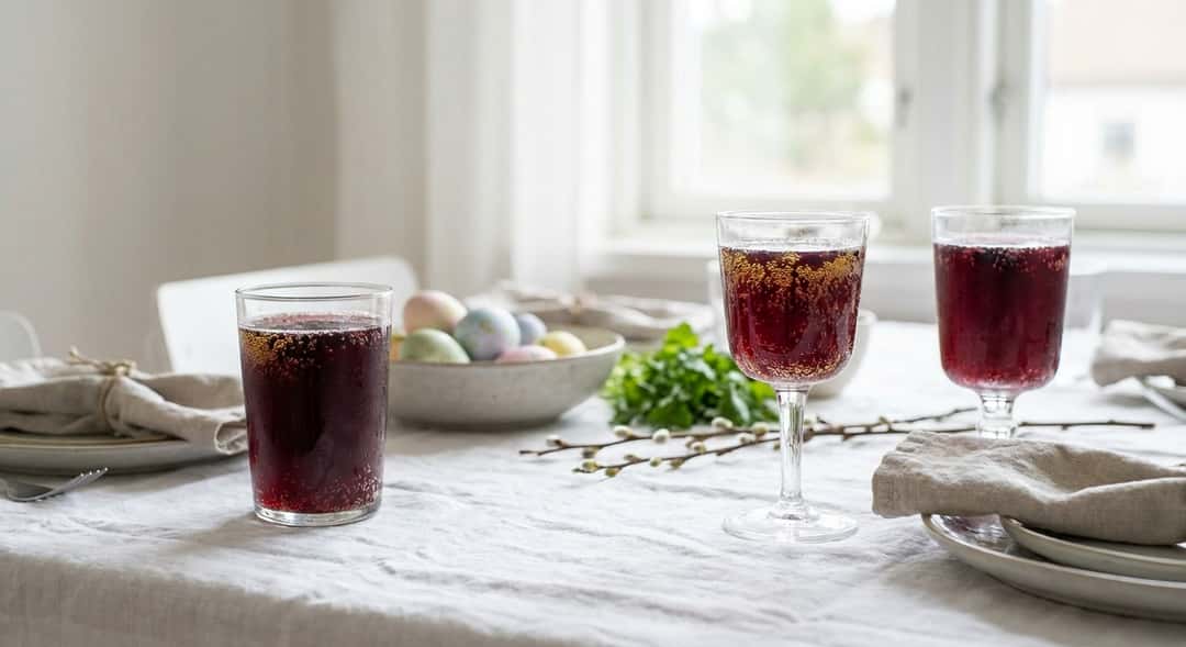 Two glasses with golden bubbles on a festively set table, white tablecloth, Easter decorations in the background, natural daylight