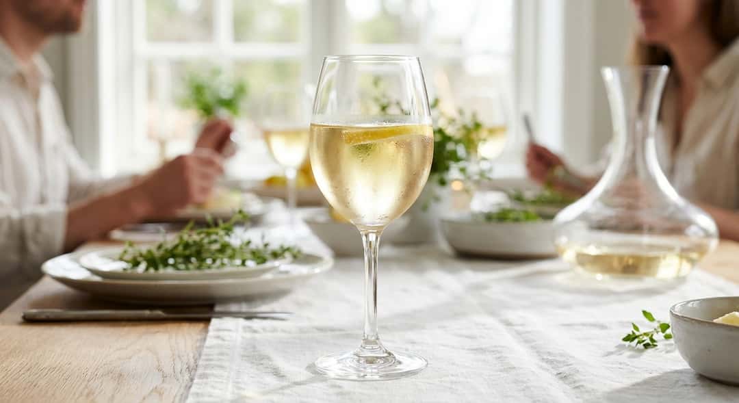 Close-up of a glass with yellow white wine and a lemon slice, a steaming long table with a cosy atmosphere in the background, bright and spring-like