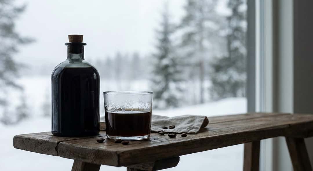 Pullo ja lasi tiiviillä tummalla nesteellä puupenkillä, talvimaisema ikkunan takana