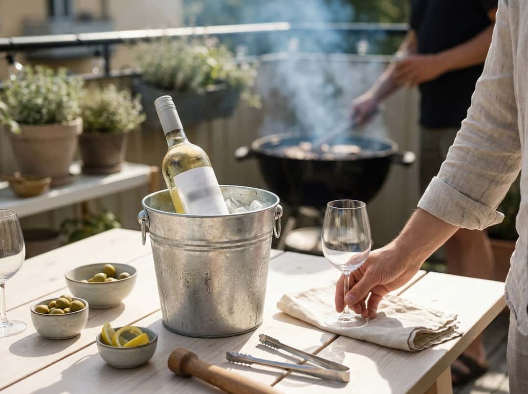 En vitvinflaska nedsänkt i en metallhink med is och vatten, solig dag utomhus med grillrök i bakgrunden