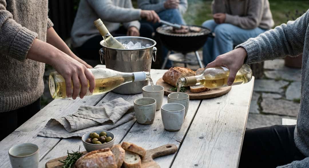 Avslappnat grillsällskap i kvällsljus, vänner runt ett trädgårdsbord med iskallt vitvin i glas, skrattande stämning