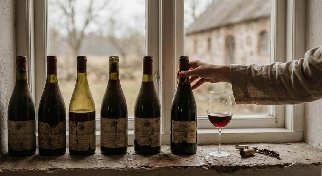 En rad vinflaskor med olika årgångar sida vid sida, visade framifrån så att lapparna syns tydligt
