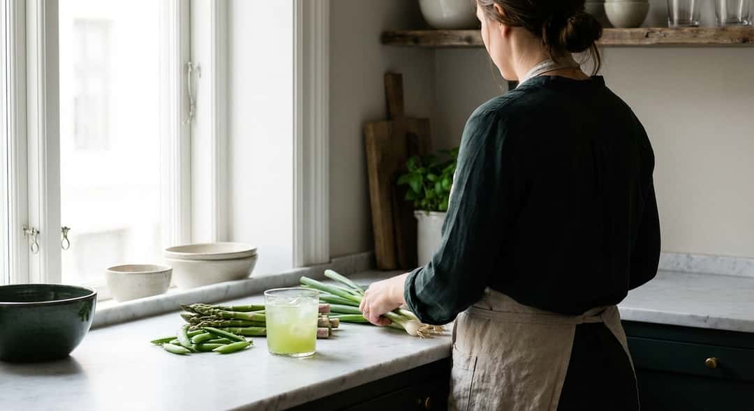 Fresh green asparagus, peas, and sugar snap peas arranged on white marble, natural daylight