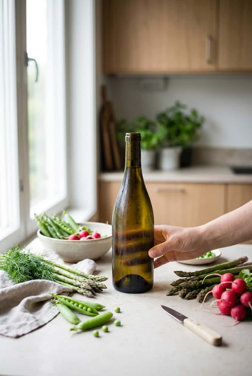 , bottle on a kitchen counter surrounded by fresh spring vegetables (La Manufacture Benjamin Laroche Chablis 1er Cru Vau Ligneau 2023
