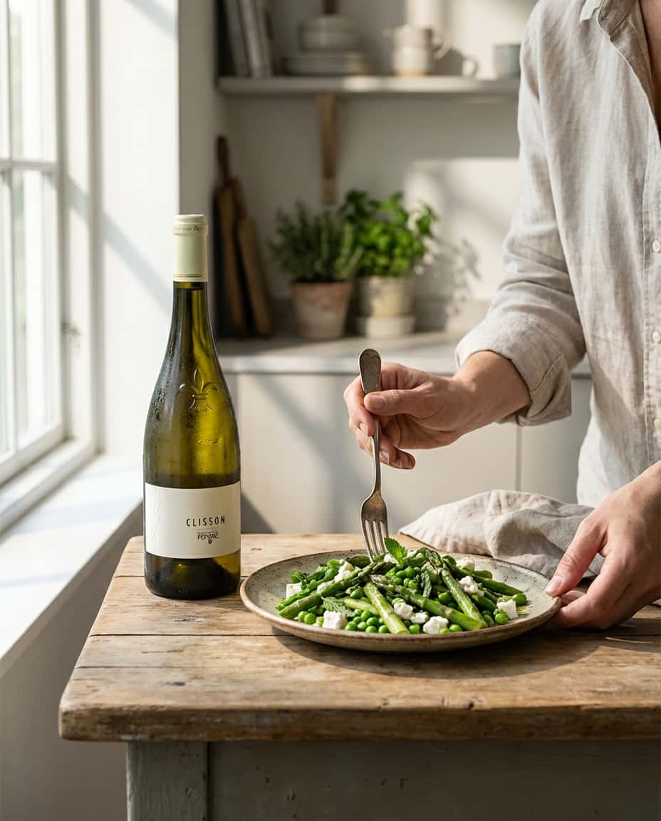 Asparagus and pea salad with feta and mint on a rustic ceramic plate, lightly dressed (Pépière Clisson Muscadet Sèvre e