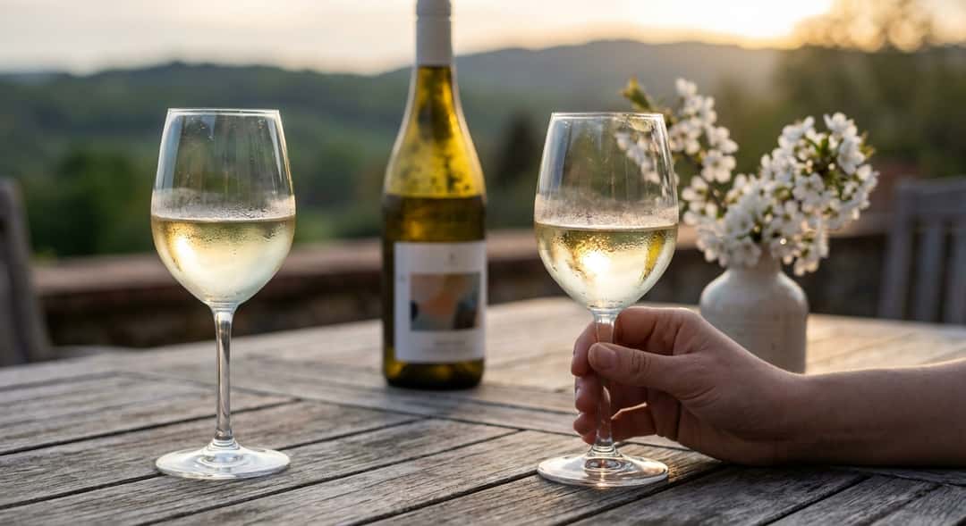 Two glasses of white wine on an outdoor table, spring flowers in the background, evening sun