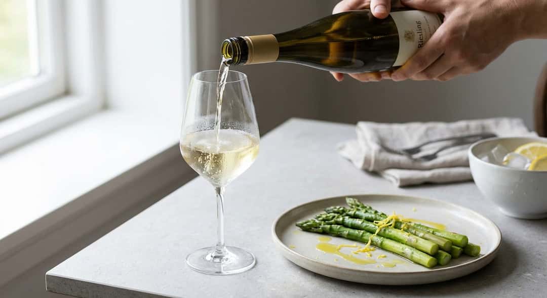 Close-up of Riesling being poured into a glass next to a plate of asparagus