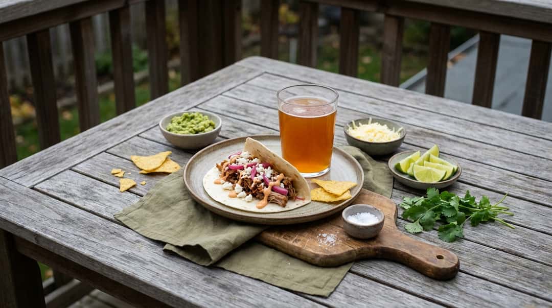 Taco och dryck på höstkvällen, parade för att visa hur smakerna talar samman