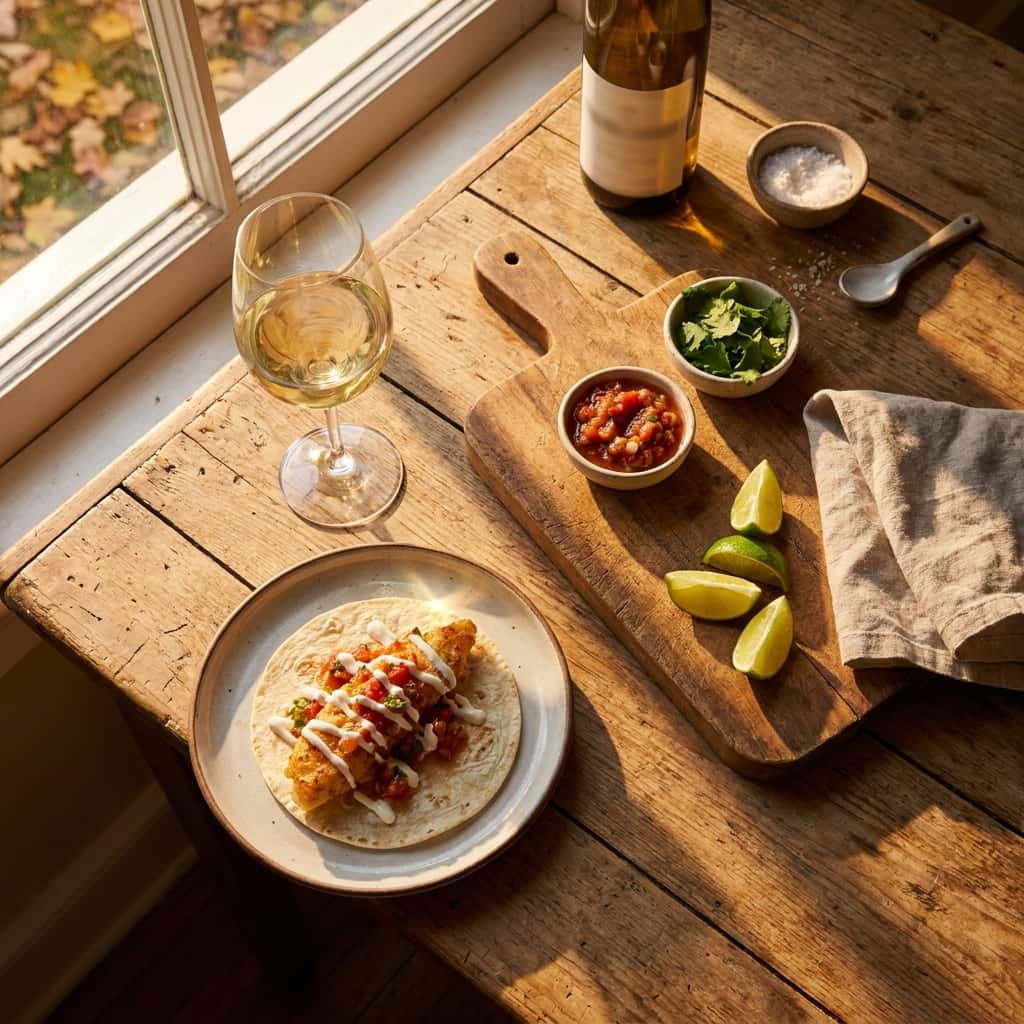 Taco med salsa och krämigt tillbehör på köksbordet