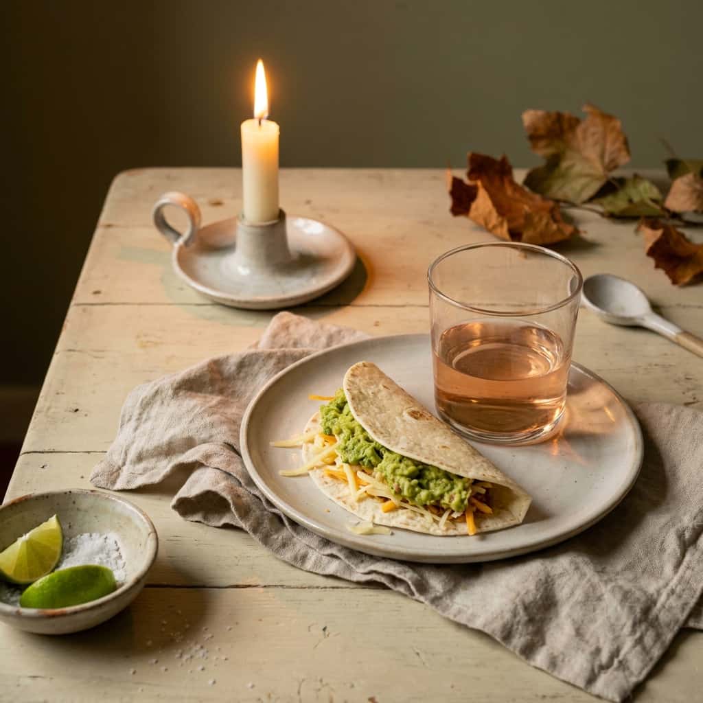Rosévin bredvid taco med guacamole och ost