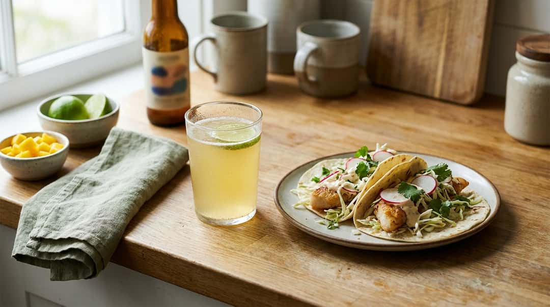 Alkoholfri radler med lime bredvid taco