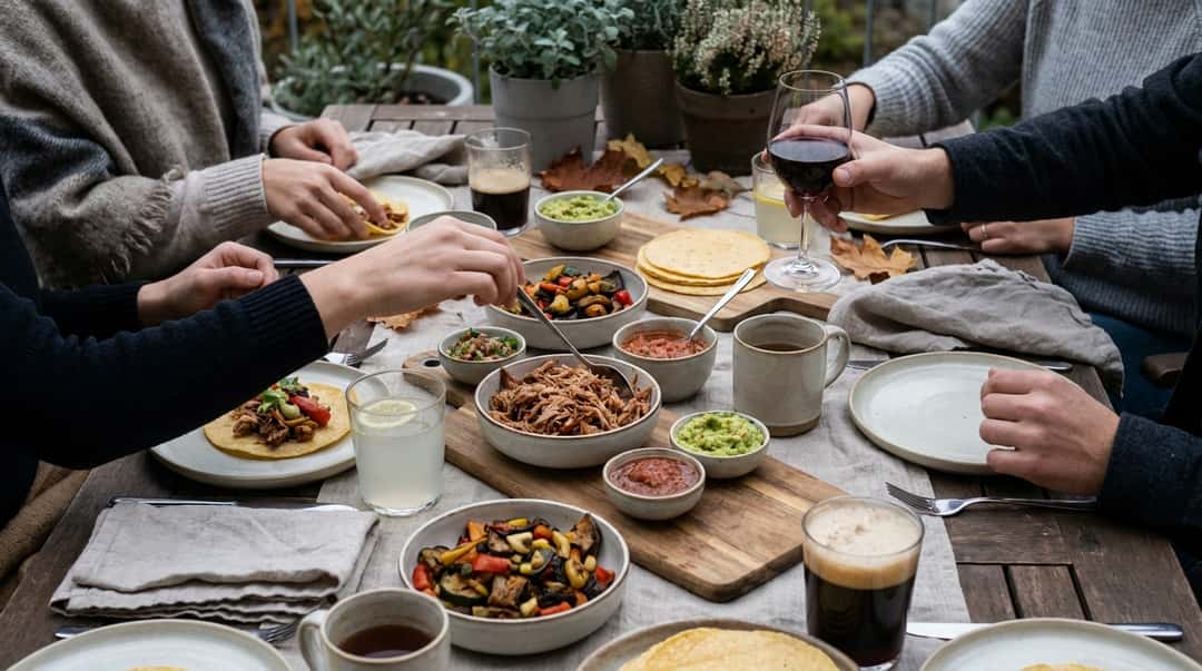 Tacobord med olika fyllningar, salsa och dryckesglas
