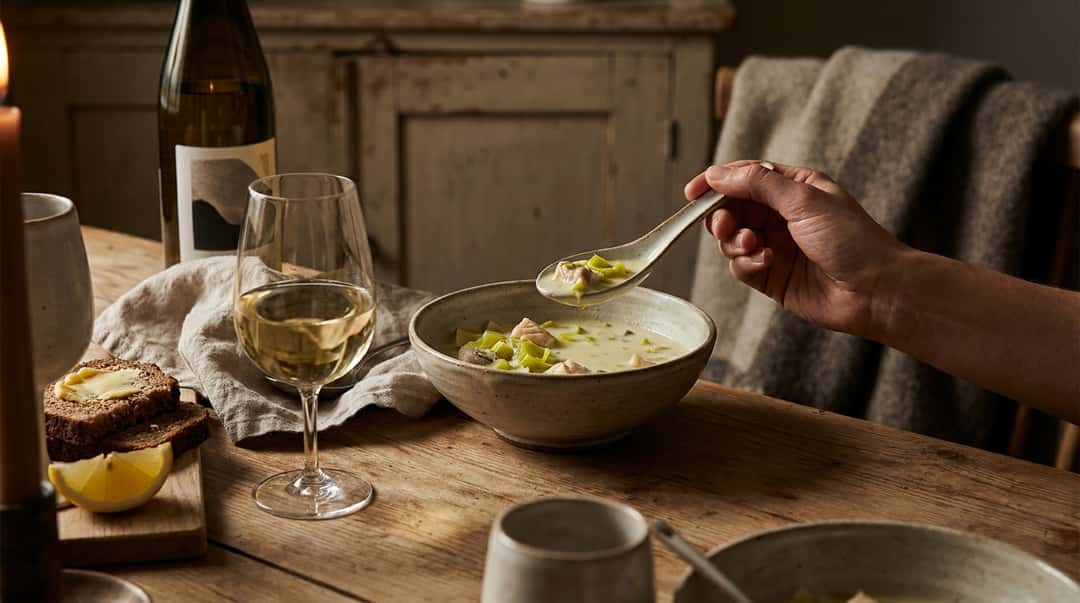 A hand holds a spoon of creamy fish soup over a bowl, next to a glass of white wine, bread with butter and a lemon wedge on a wooden table.