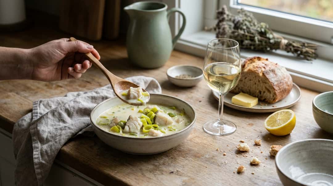 A bowl of creamy fish soup with leek on a wooden table, next to a glass of white wine, bread with butter and half a lemon.