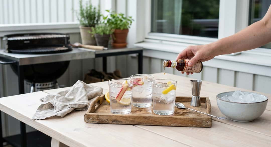 Tre isete glass med ulike smaksvann og garnish på et trebrett ved en grillstasjon (Luxardo Rhubarb Bitters)