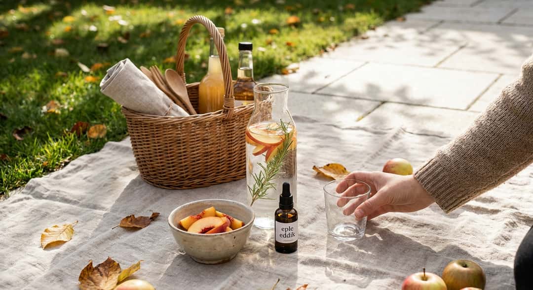 En kurv med picnicutstyr, smaksvannflasker og fersk frukt på et teppe i gresset