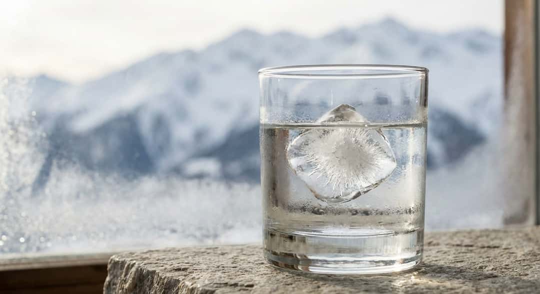 Close-up of a clear ice cube made from meltwater melting in a glass of gin and tonic, snow crystals reflecting the light against a