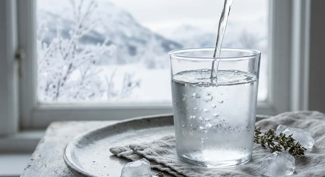 Water running from a Norwegian mountain stream surrounded by snow, clear and ice-cold, with bubbles rising to the surface
