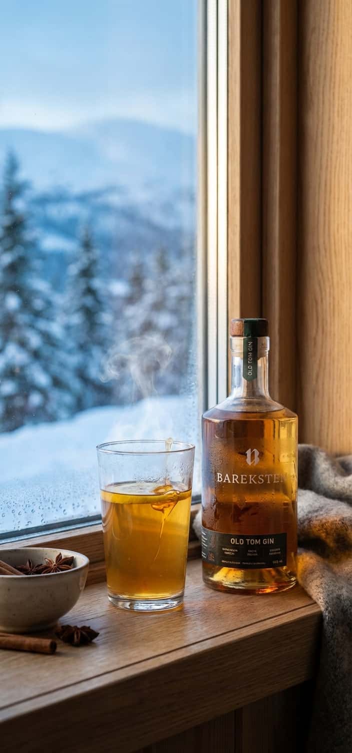 Glass of Brennevinsgrova Premium Gin and tonic, garnished with juniper berries and a lemon slice, served by a window with a view of