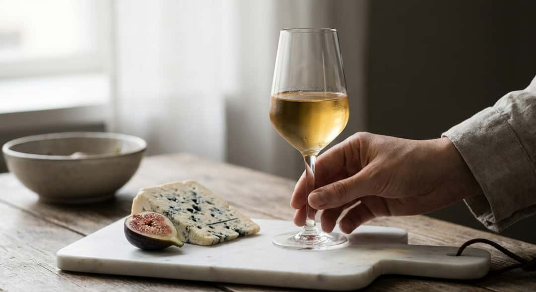 An elongated, golden glass of Sauternes in sunlight, next to a platter of blue cheese and fresh figs on marble