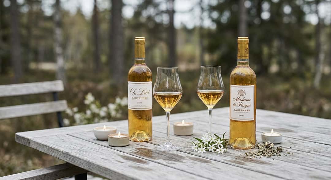 Two half-bottles of Sauternes on a wooden table outdoors, with candles and wildflowers, (Ch
