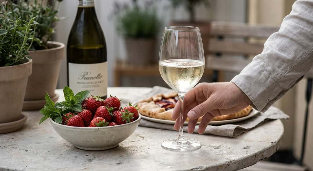 A half-full glass of Prunotto Moscato d'Asti with bubbles, next to a bowl of fresh strawberries and mint, (Prunotto Moscato d