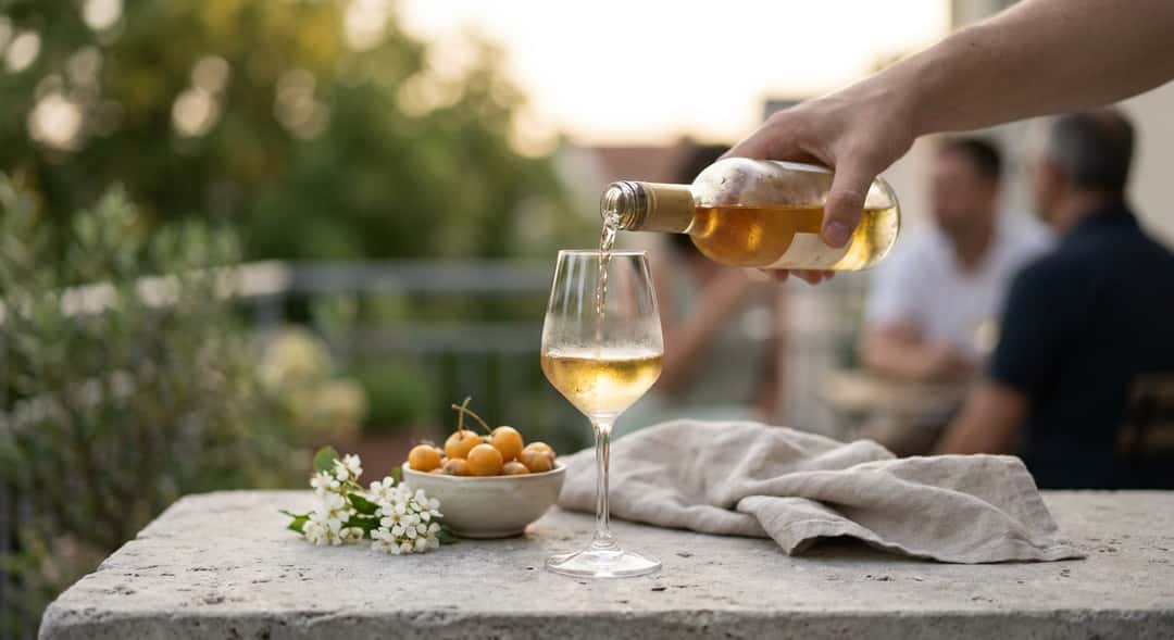 A summery terrace with friends around a table, dessert and sweet wine in the glass, warm evening light and flowers on the table