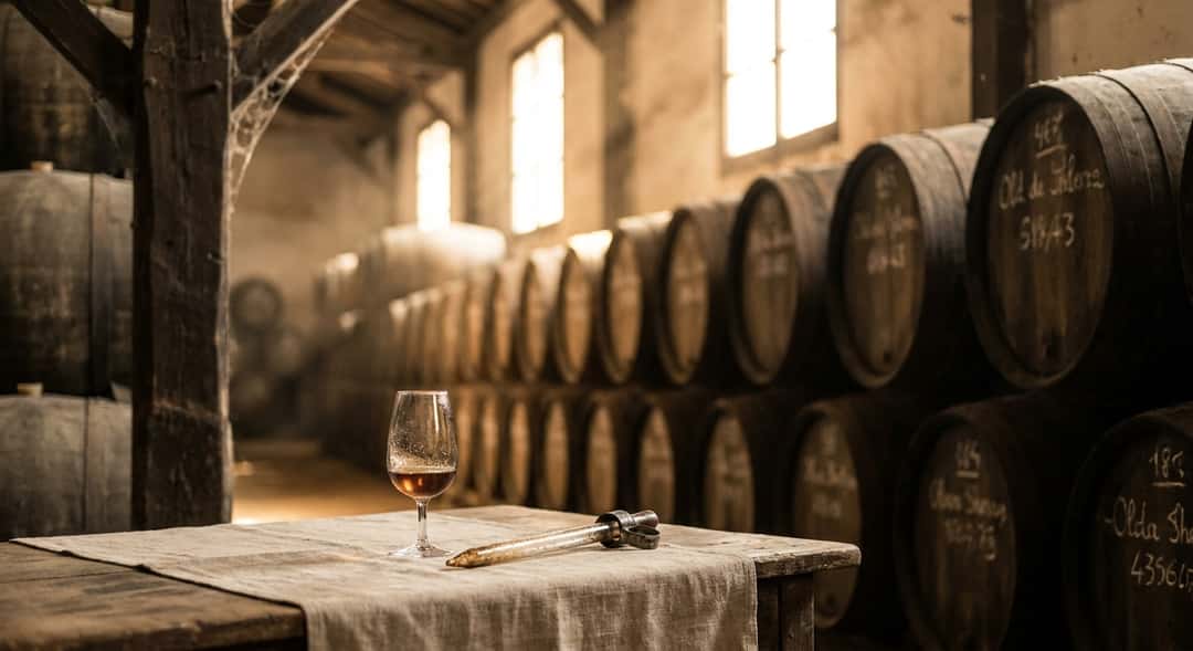 Rekker med eikefat stablet i et gammelt sherrylagerhus i Jerez, varmt lys som siver inn gjennom høye vinduer