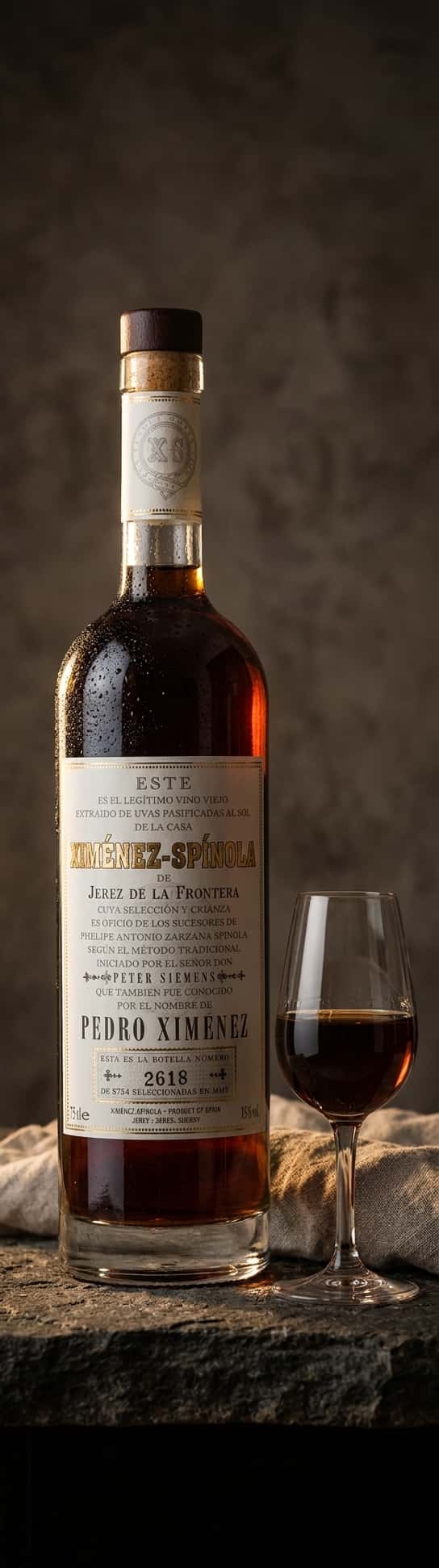 – Flaske av Ximénez-Spínola Solera 1918 2018 mot mørk bakgrunn, gyldent lys fremhever flaskefargen