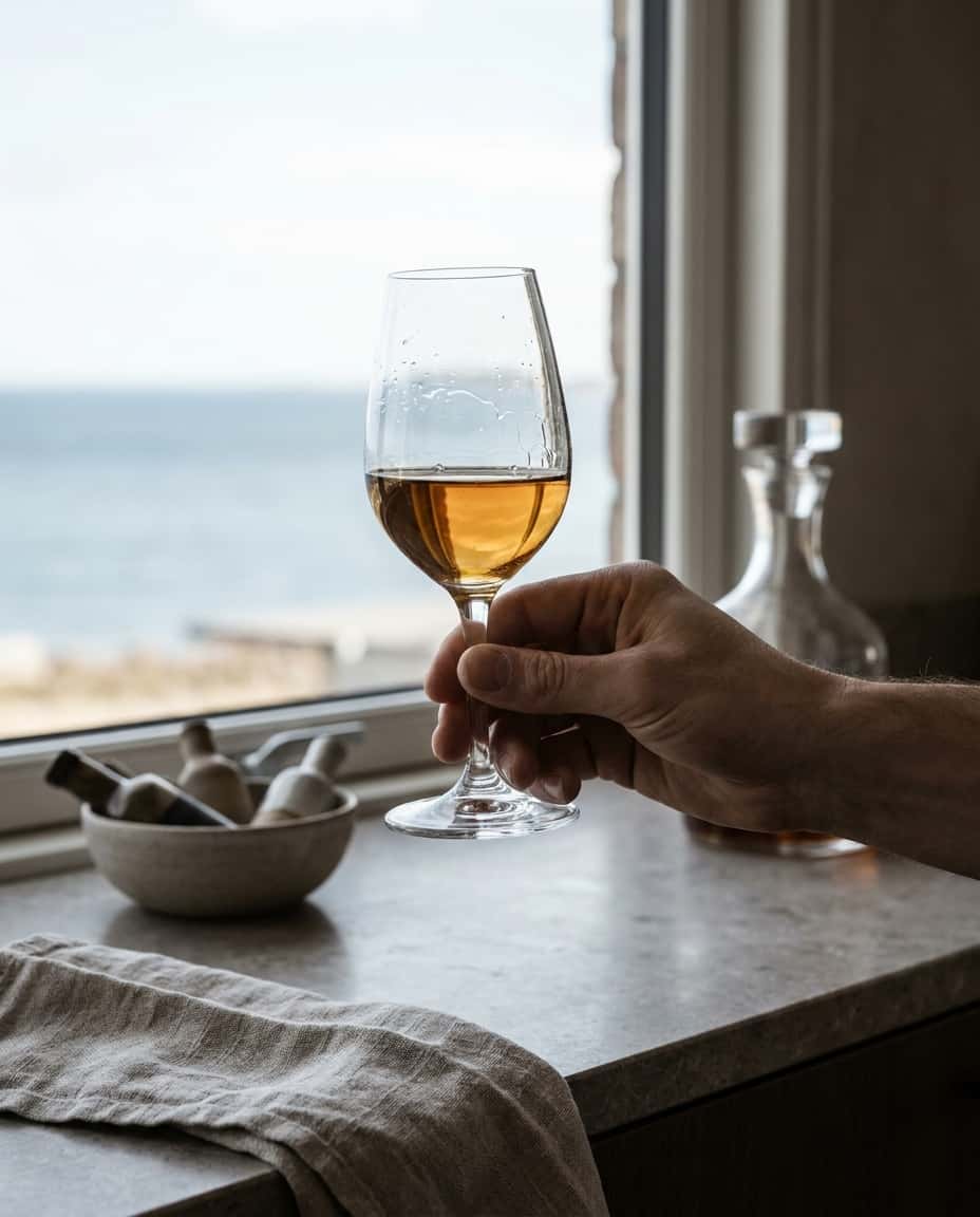Et glass gyllenbrun madeira holdt opp mot lyset fra et vindu, utsikt over hav i bakgrunnen