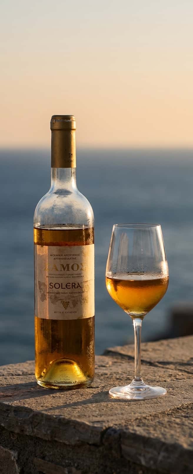 – En halvliters flaske Samos Solera mot en gresk havutsikt, varmt ettermiddagslys (Samos Solera (1968-1982))