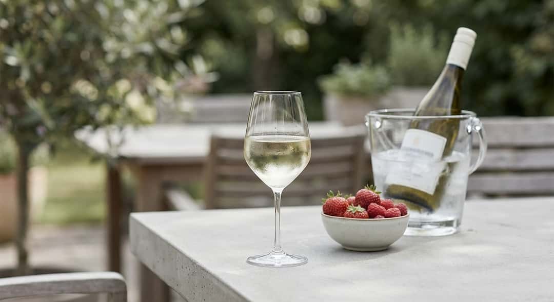 Ett somrigt utomhusbord med ett glas vitvin, färska sommarbär och en flaska på is