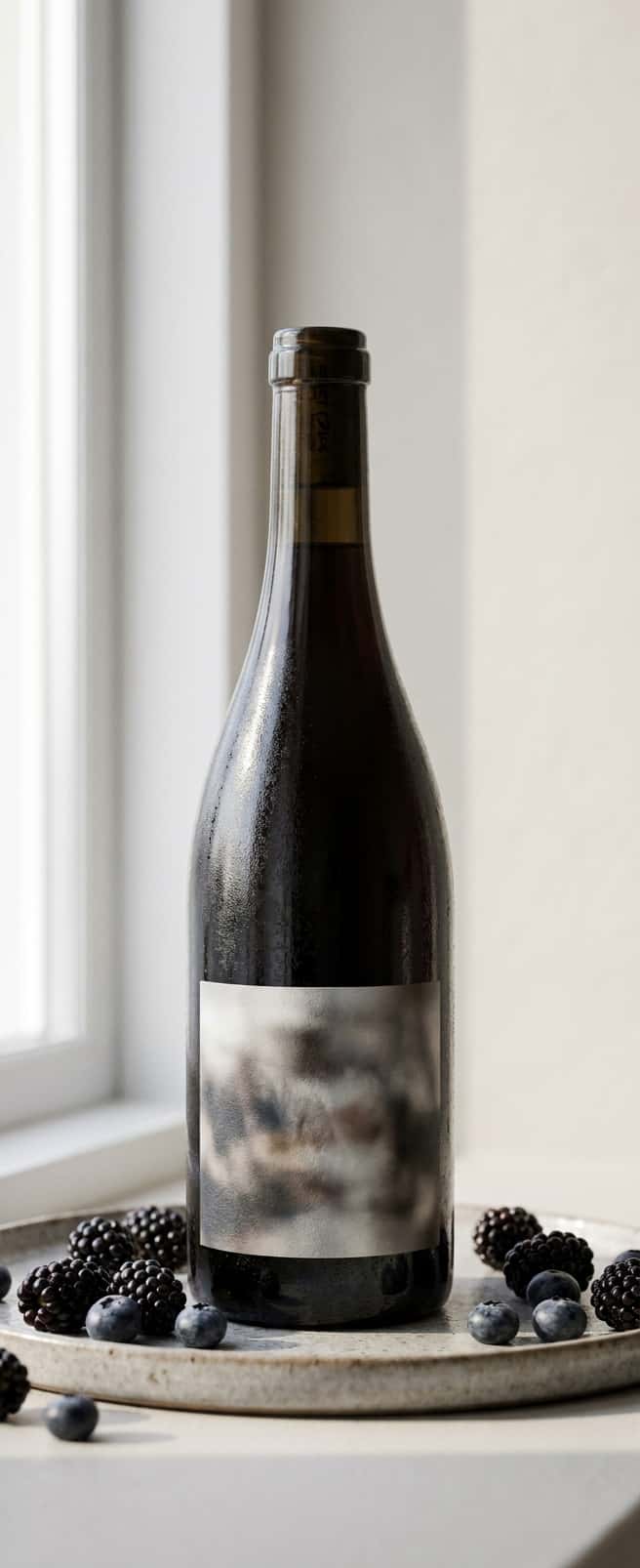Flaska av Combier Crozes-Hermitage Cuveé Laurent Combier 2023 på ett träbord med mörka bär runtomkring