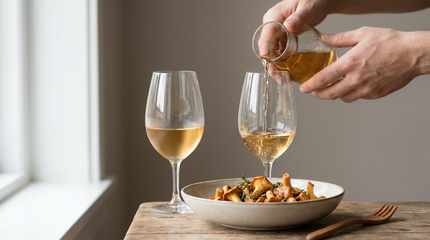 Et glass fino sherry ved siden av stekte sopp i smør, klar til å drikkes sammen