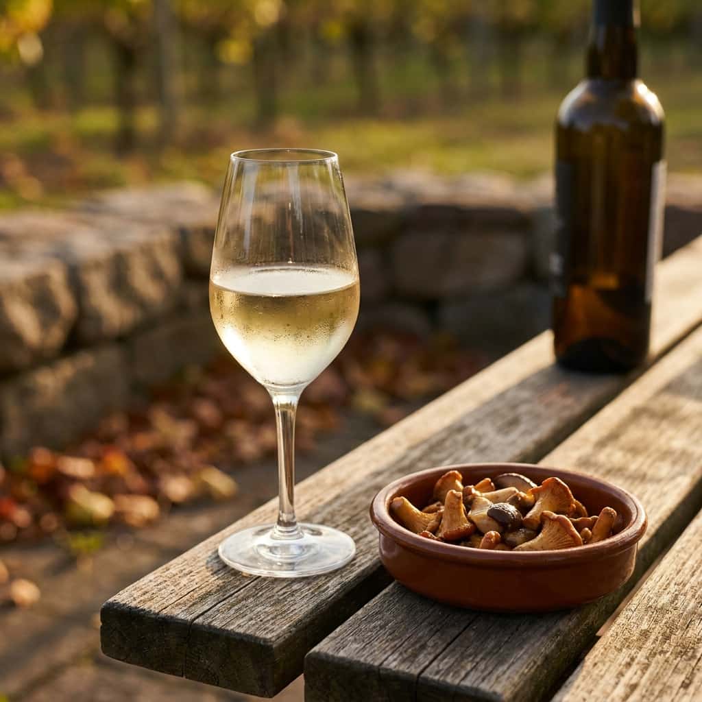 A plate of fried chanterelles and porcini in butter, served alongside a glass of fino sherry on a rustic wooden bench