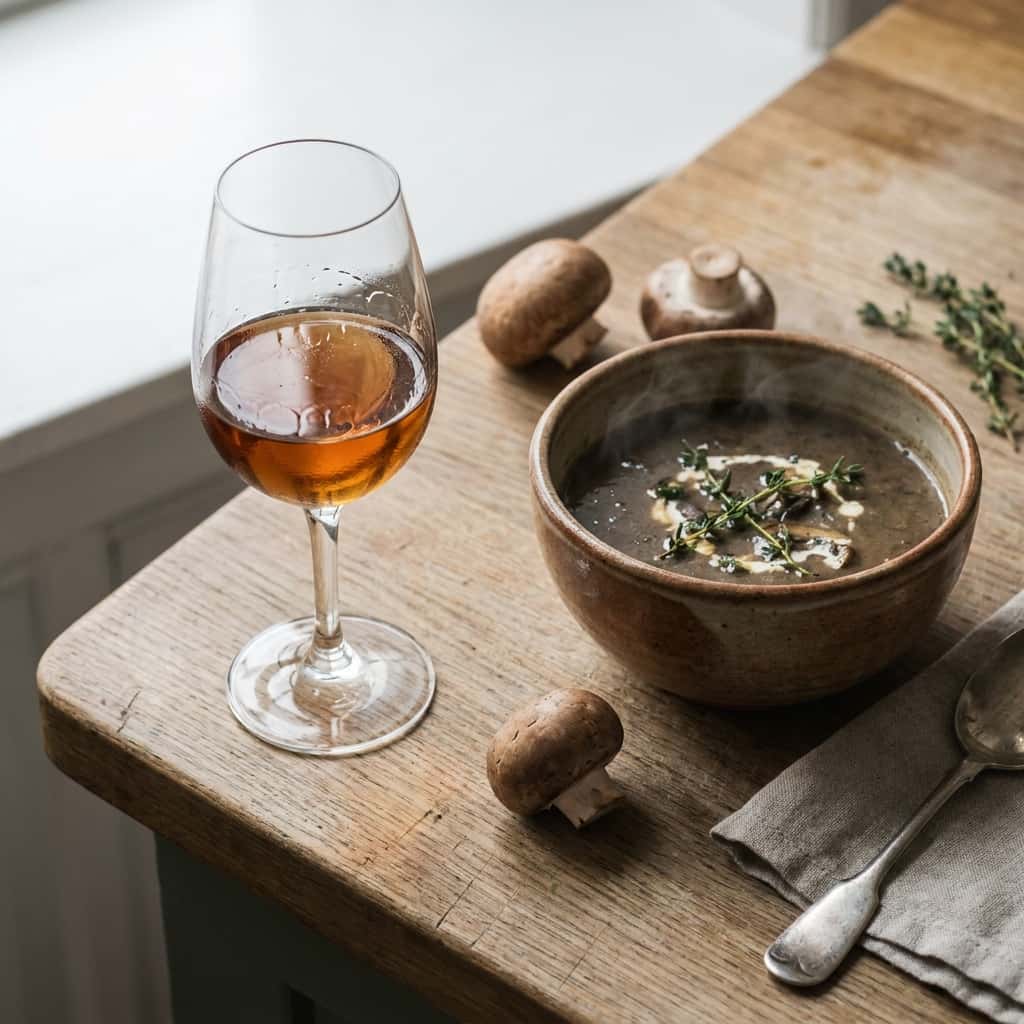 A glass of amontillado sherry next to a steaming porcini soup, warm kitchen light in the background (Lustau Amontillado L