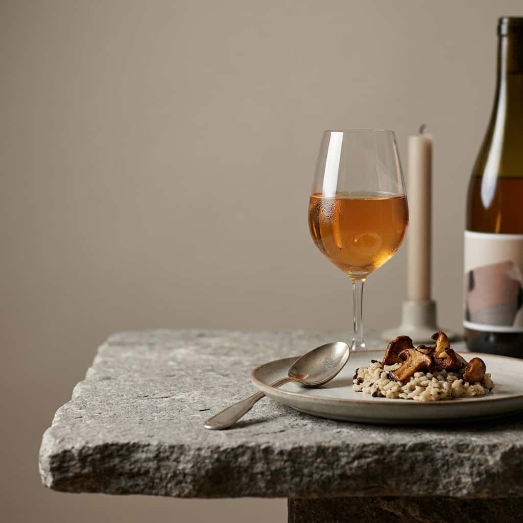 A glass of orange wine on a table set with truffle risotto and mushrooms, warm autumn colors and candlelight (The Orange Republic 20