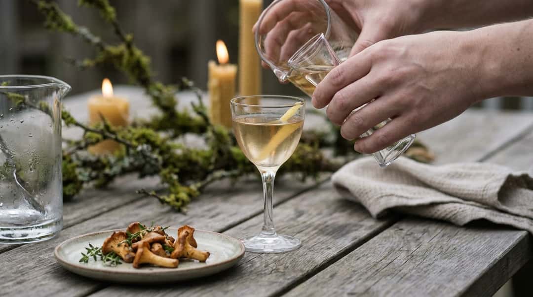 A set autumn table with several sherry glasses, mushroom dishes and candlelight, warm and inviting atmosphere